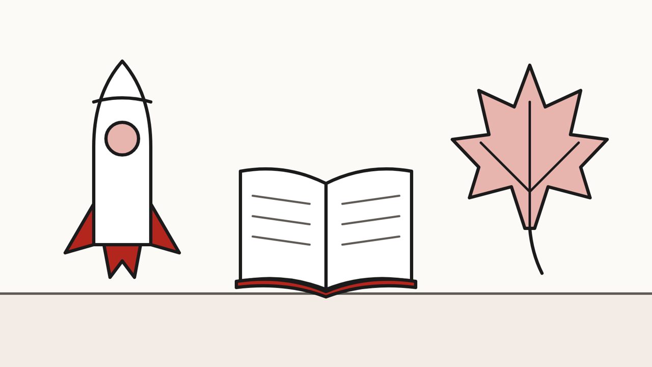 Рисунок: модель ракеты, открытая книга и кленовый лист — осенние каникулы с инженерными сменами и библиотеками